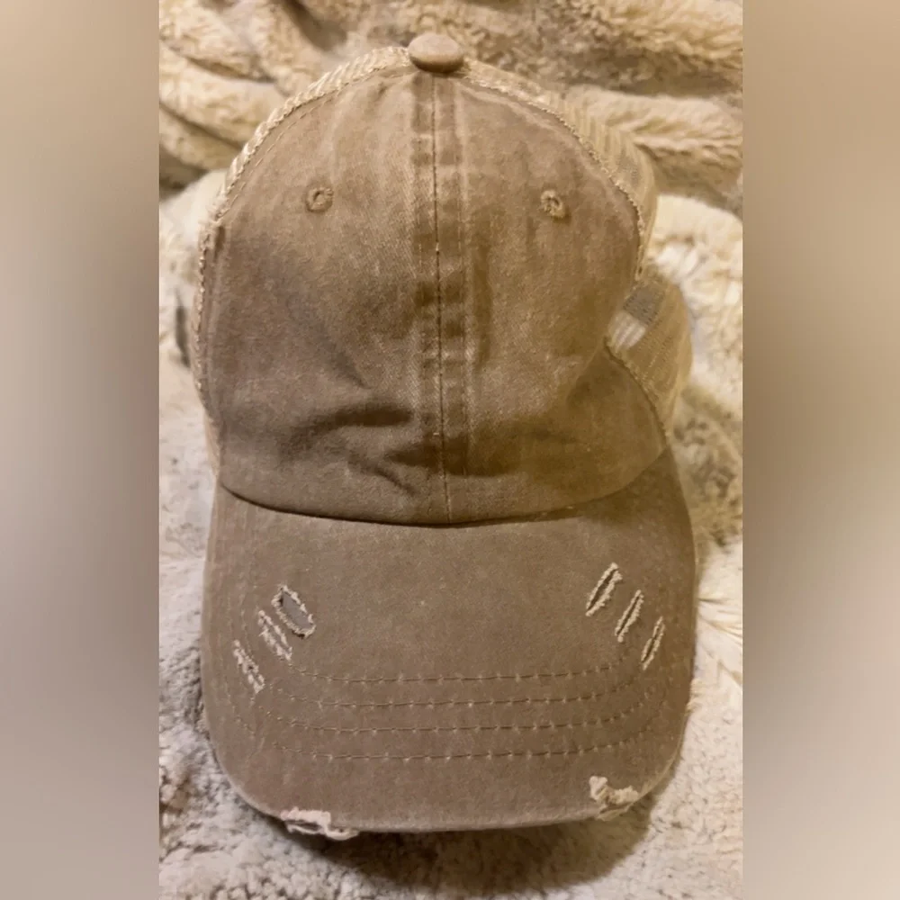 Women’s Distressed Tan Baseball Cap | Hats | Ponytail Hole Hat - Picture 11 of 11